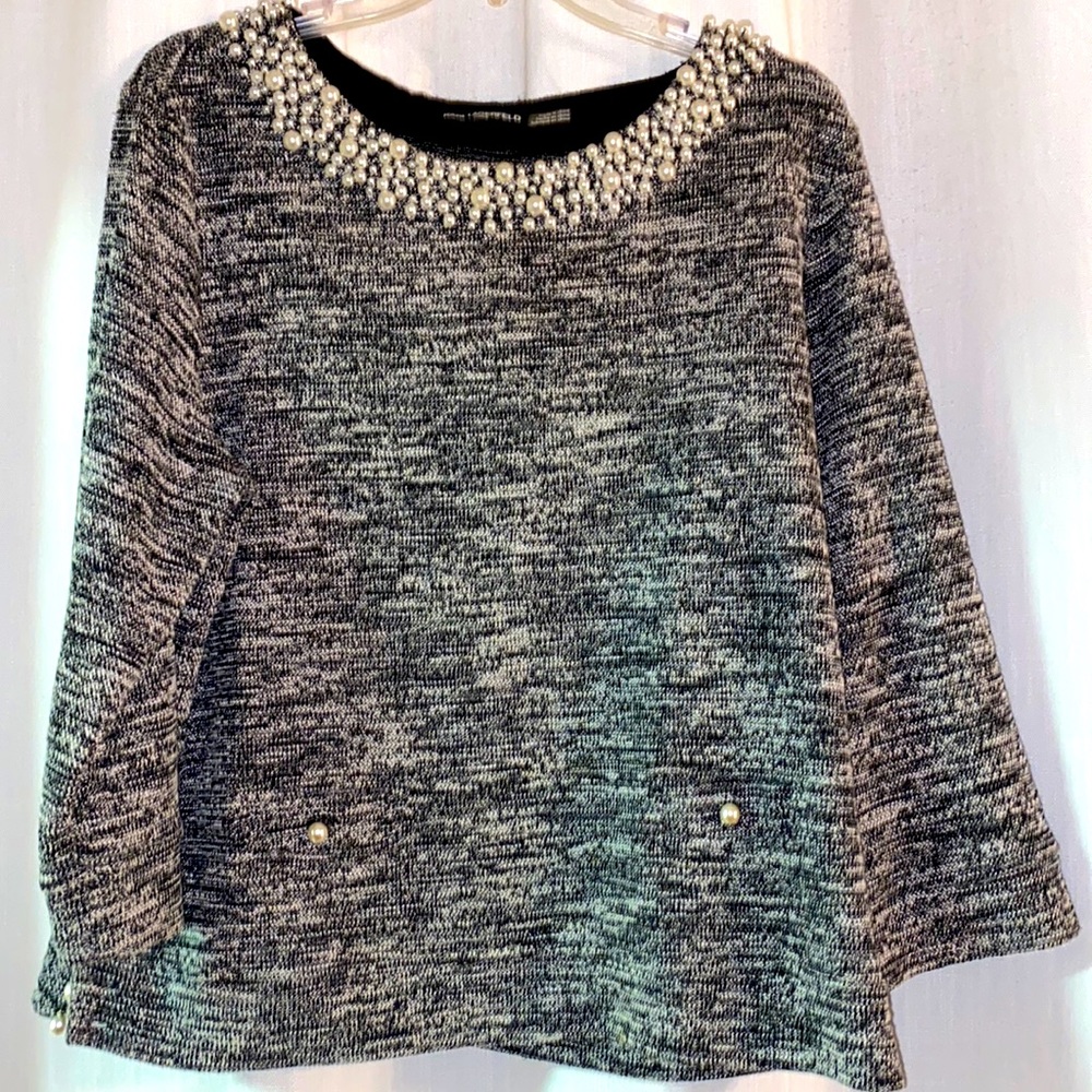 Black and white pearl neck sweater
